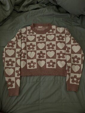 Brown & White Heart and Flower Patterned Cute Sweater for Teenagers and Kids